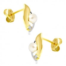 Brillant Ohrringe aus 14K Gold, zweifarbiges Korn, klarer Brillant und weiße Perle
