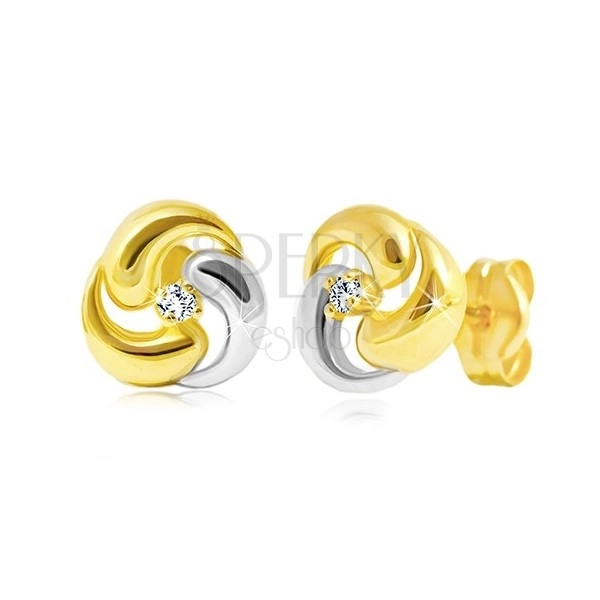 Brillant Ohrringe aus 14K Gold - zweifarbiges Kleeblatt mit klarem Diamanten