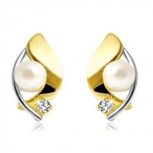 Ohrringe aus 14K Gold, zweifarbiges Korn, weiße Perle und klarer Zirkon