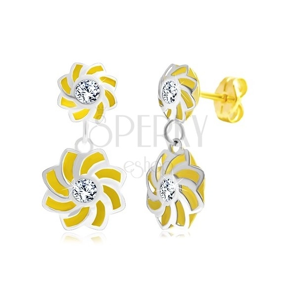 Ohrringe aus 14K Gold - zweifarbige Blumen mit gebogenen Blütenblättern und Zirkon