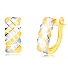 Ohrringe aus 14K Gold - matter Bogen mit einem zweifarbigen Gitter geschmückt