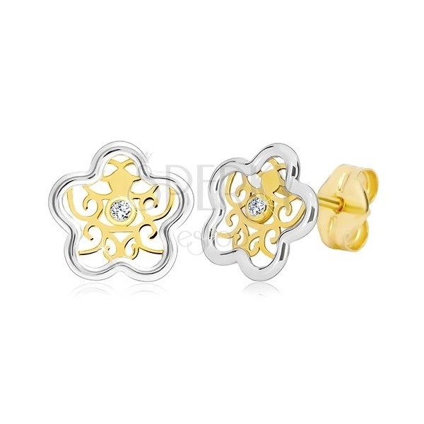 Ohrringe aus 585 Gold - Blume in zwei Farben mit Ornament und einem klaren Zirkon