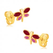 Ohrringe aus 14K Gelbgold - Libelle mit bordeauxroter und lila Glasur auf den Flügeln