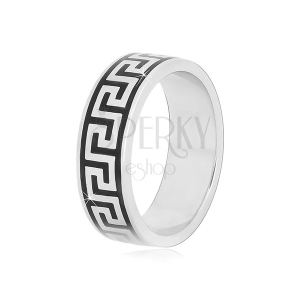 925 Silber Ring mit schwarzem griechischem Schlüssel Muster, 6 mm