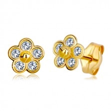 585 Gold Ohrringe - fünfblättrige Blume mit Zirkonen und goldener Kugel in der Mitte