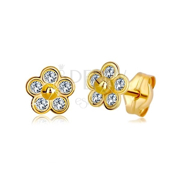 585 Gold Ohrringe - fünfblättrige Blume mit Zirkonen und goldener Kugel in der Mitte