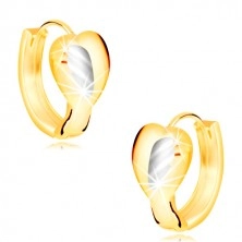 Ohrringe aus kombiniertem 585 Gold - zweifarbiges Voll Herz mit einem Blatt