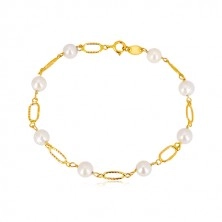 585 Gold Armband - weiße runde Perlen, ovale Glieder mit Einschnitten