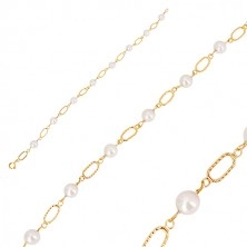 585 Gold Armband - weiße runde Perlen, ovale Glieder mit Einschnitten