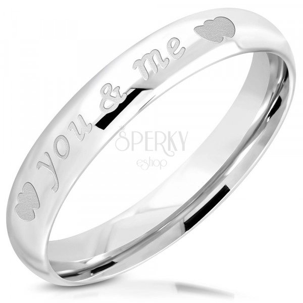 Glänzender Ring aus 316L Stahl - Aufschrift "you & me", Paar symmetrischer Herzen, 3,5 mm