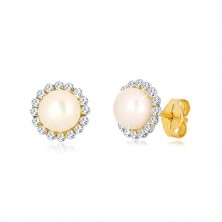 9K Gelbgold Ohrringe - glitzernde Zirkon Blume mit weißer Perle in der Mitte