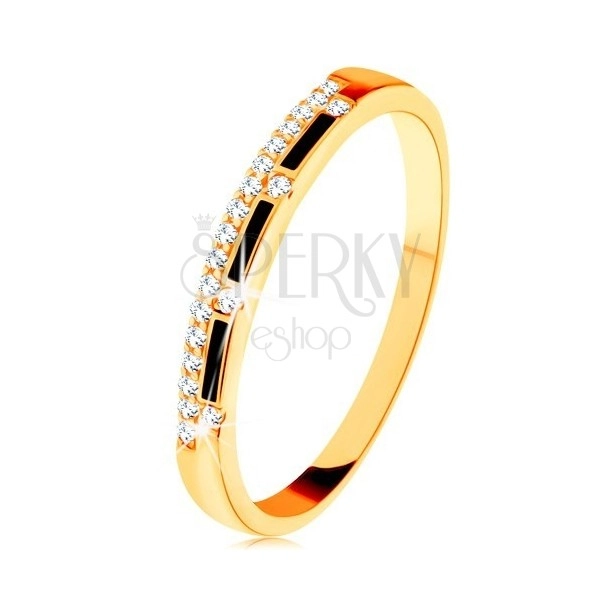 Ring aus 9K Gelbgold - klare Zirkonialinie, Streifen aus schwarzer Emaille