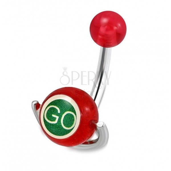 Stahl Bauchnabelpiercing - rote Kugel, Walze mit der Aufschrift "GO" und "STOP"
