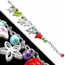 Armband mit Anhängern - Blumenkonturen, gedrehte Perlen mit Rosen, künstliche Perlen