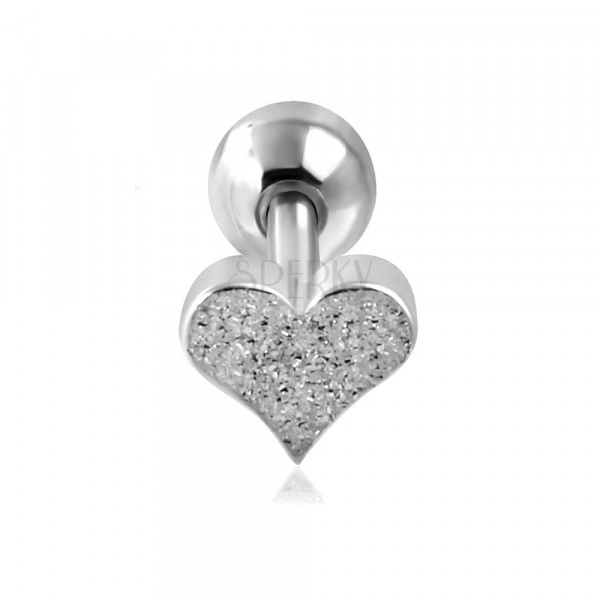 Stahl Ohr Piercing - sandgestrahltes Herz und Kugel in silberner Farbe