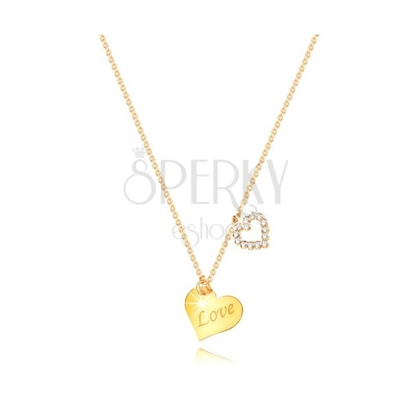 Halskette aus 9K Gelbgold - Herz mit Aufschrift "Love", Herzumriss mit Zirkonen