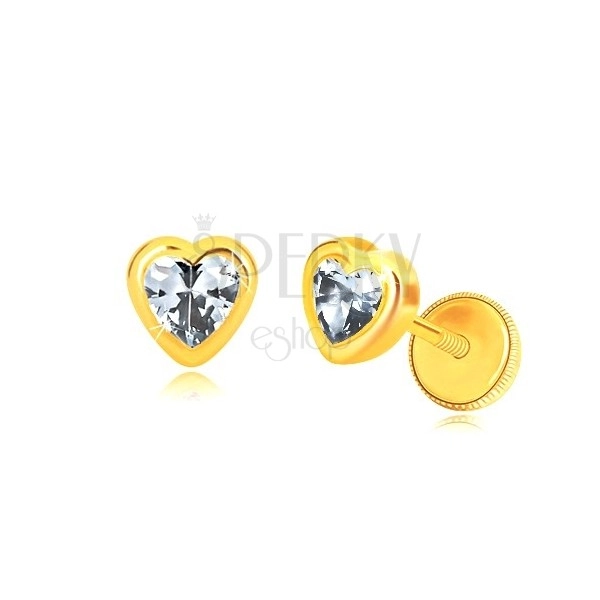 585 Gelbgold Ohrringe - glänzender symmetrischer Herzumriss, herzförmiger Zirkon, Ohrstecker mit Schraubverschluss