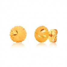 375 Gelbgold Ohrringe, Blumenmotiv - glitzernder Kopfteil mit Kerben, Ohrstecker