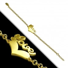 Stahl Armband in goldener Farbe - symmetrisches Herz und Aufschrift "Love", Kette aus runden Gliedern