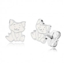 925 Silber Ohrringe - sitzende Katze, detaillierte Kontur und Glasur in weißer Farbe