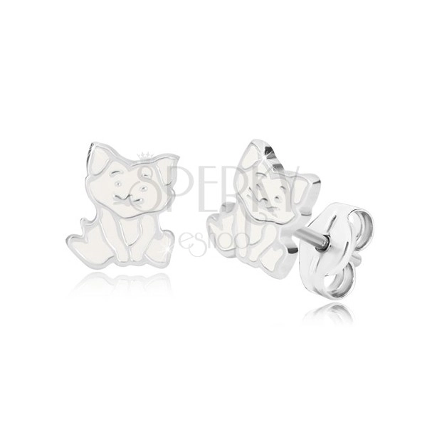 925 Silber Ohrringe - sitzende Katze, detaillierte Kontur und Glasur in weißer Farbe