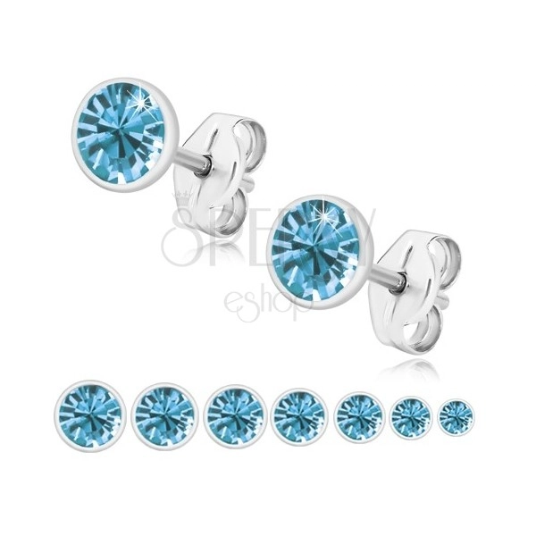 Ohrringe aus 925 Silber - glitzernder Zirkon in einem himmelblauen Farbton, glänzende runde Fassung