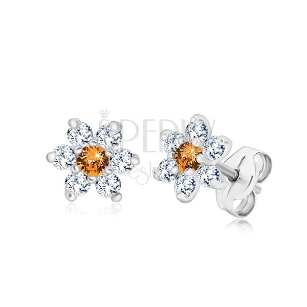 925 Silber Ohrringe - glitzernde Zirkon Blume mit honig-orange Mitte