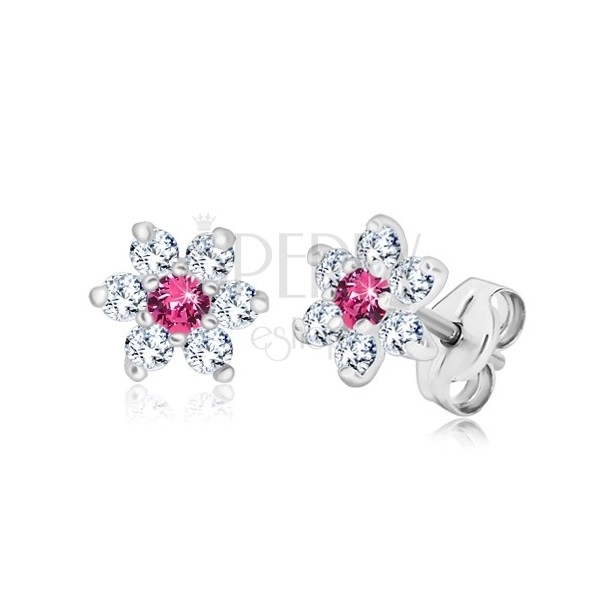 925 Silber Ohrringe - glitzernde klare Blume, rosa Zirkon in der Mitte, Ohrstecker