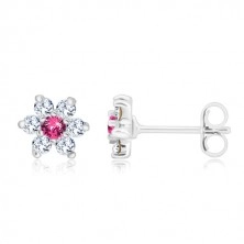 925 Silber Ohrringe - glitzernde klare Blume, rosa Zirkon in der Mitte, Ohrstecker