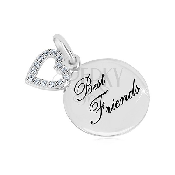 925 Silber Anhänger - glänzender Kreis, Aufschrift "Best Friends", Herzumriss mit Zirkonen