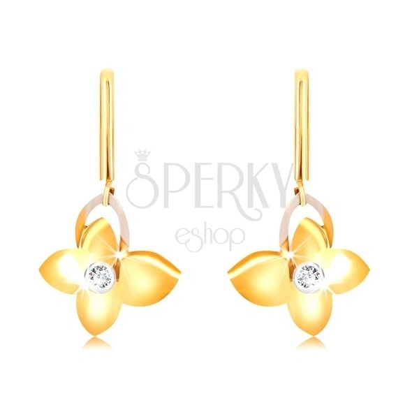9K Gold Ohrringe - schmales Stäbchen, Schmetterling mit Zirkon, Flügelumriss aus Weißgold