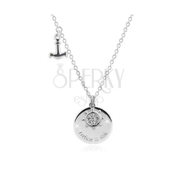 925 Silber Halskette - Anker, Steuerrad, glänzender Kreis mit der Aufschrift "I refuse to sink"