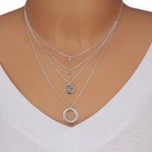 925 Silber Halskette - vier Ketten mit Anhängern, Kreise und Herz, Aufschrift