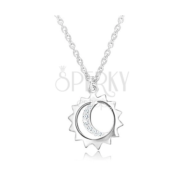 925 Silber Halskette - Anhänger an Kette, Sonnenumriss und Mond mit Zirkonen