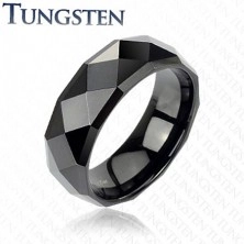 Schwarzer Tungsten Ring mit geschliffenen Rhomben, 6 mm