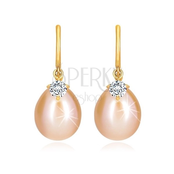 Diamantohrringe aus 14K Gelbgold - glänzender Bogen, ovale Perle und Brillant