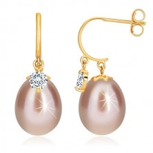 Diamantohrringe aus 14K Gelbgold - glänzender Bogen, ovale Perle und Brillant