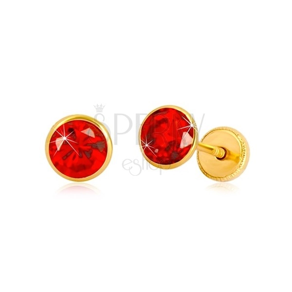 585 Gelbgold Ohrringe - runder Zirkon in einem roten Farbton, Ohrstecker mit Schraubverschluss, 5 mm