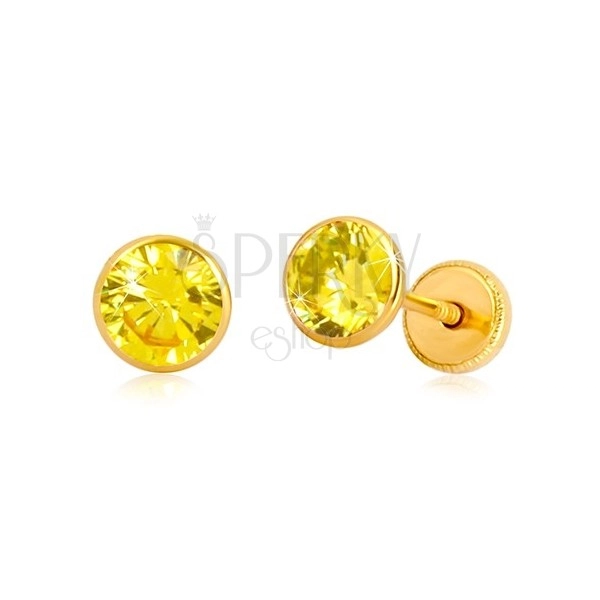 14K Gelbgold Ohrringe - gelber Zirkon in Fassung, Ohrstecker mit Schraubverschluss, 5 mm