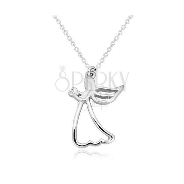 925 Silber Halskette - geschnitzter Engel mit einem Herzen, klarer Diamant