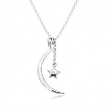 Diamant Halskette, 925 Silber - glänzender Halbmond und Stern mit einem Brillanten