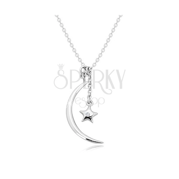 Diamant Halskette, 925 Silber - glänzender Halbmond und Stern mit einem Brillanten