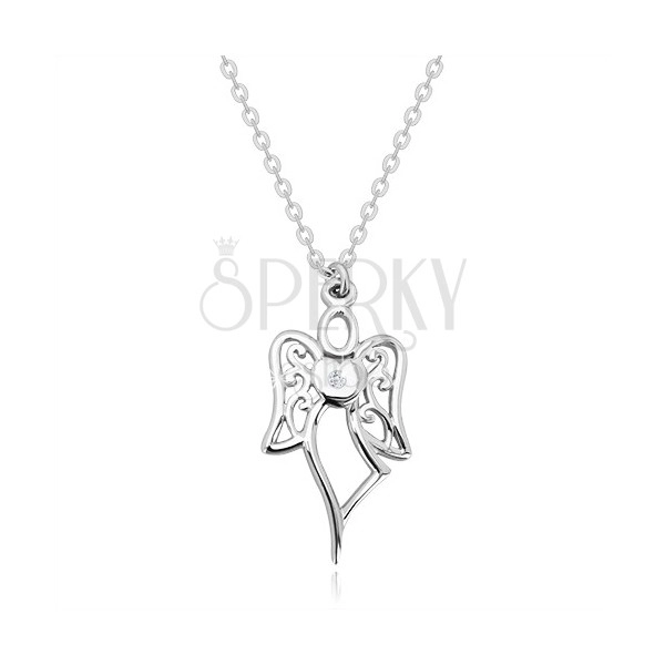 925 Silber Halskette - geschnitzter Engel, Herz mit einem klaren Diamanten