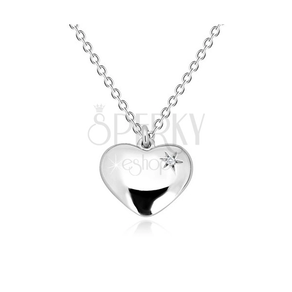 925 Silber Halskette - glänzendes Herz mit Stern und einem Diamanten