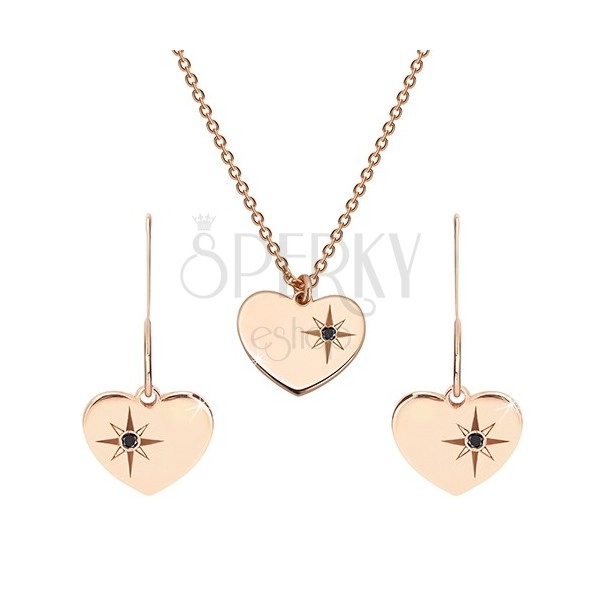 Set in rosé-goldener Farbe, 925 Silber - Ohrringe und Halskette, Herz mit Polarstern und einem Diamanten