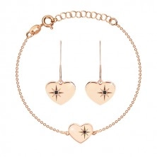 925 Silber Set, rosé-goldener Farbton - Armband und Ohrringe, Herz mit Polarstern und einem Diamanten
