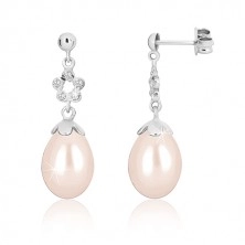 Ohrringe aus 9K Weißgold - glänzende Halbkugel, Blumenkontur mit Zirkonen, weiße Perle mit rosa Tönung