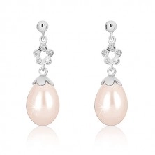 Ohrringe aus 9K Weißgold - glänzende Halbkugel, Blumenkontur mit Zirkonen, weiße Perle mit rosa Tönung