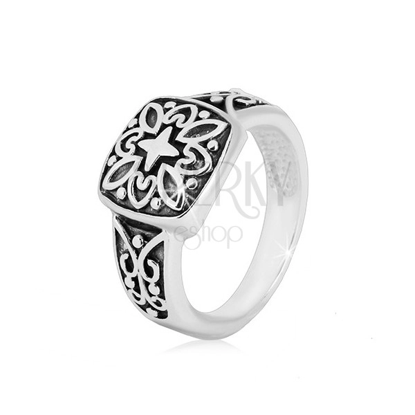 925 Silber Ring - dekoratives Quadrat und geschnitzte Ringschiene mit Patina