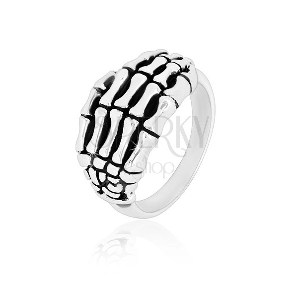 Ring aus 925 Silber - detailliert geformtes Hand-Skelett, glänzende Ringschiene, Patina